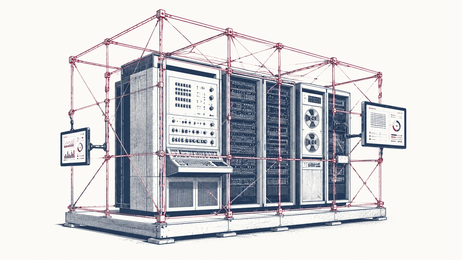Ilustração editorial: mainframe legado envolto em camada de controles modernos
